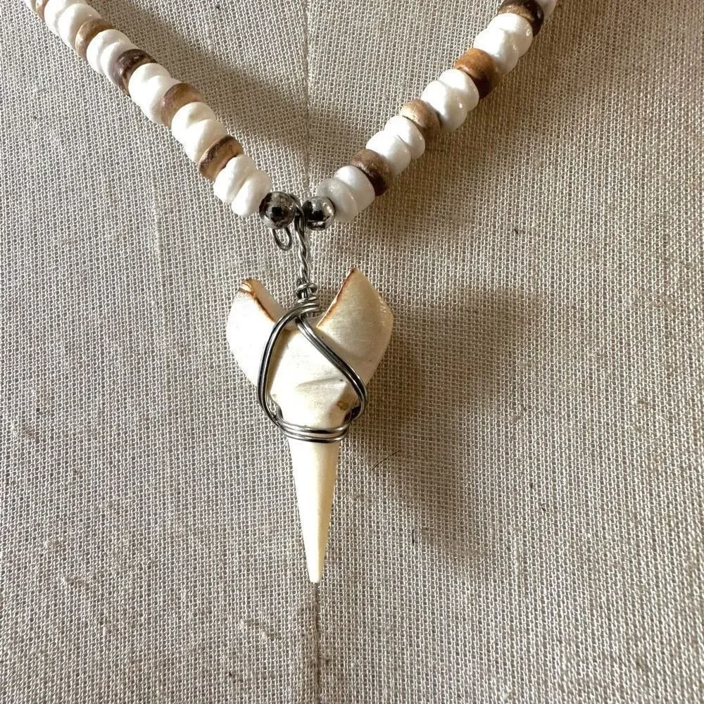 Shark tooth wood and shell beaded necklace